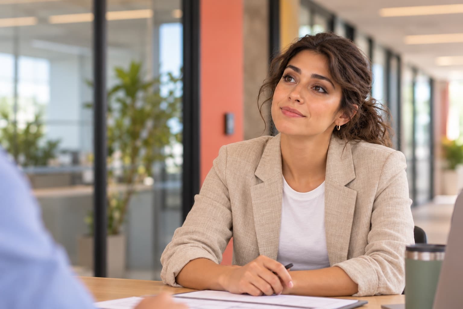 Uma mulher com blazer bege escuta atentamente uma pessoa em um ambiente de trabalho.